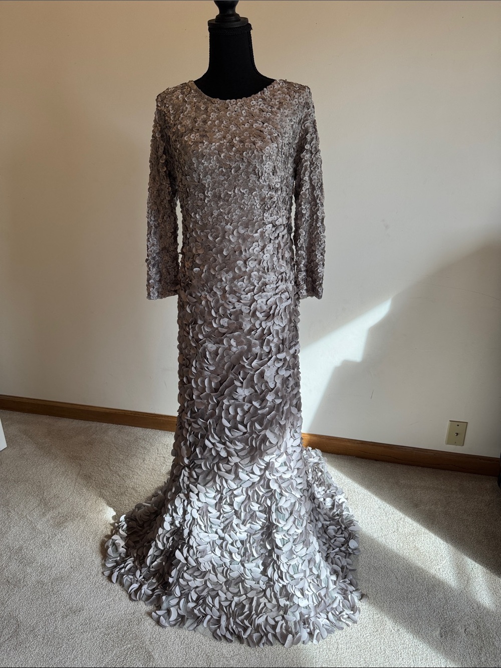 Theia Silver Petal-Appliqué Long-Sleeve Wedding Gown